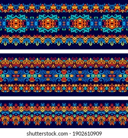 Vector abstract decorative ethnic ornamental illustration. Bright colors tile stripes set