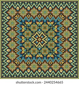 Vector abstract decorative ethnic ornamental illustration. Colorful square carpet background