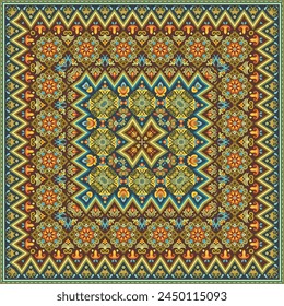 Ilustración ornamental étnica decorativa abstracta del Vector. Alfombra cuadrada colorida