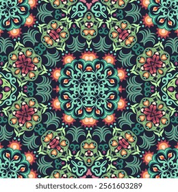 Vector abstract decorative floral ethnic ornamental seamless pattern. Colorful background