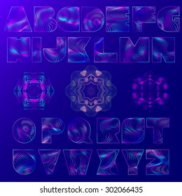 Vector abstract decorative font with effect of colorful wavy texture and with three decorative elements. Alphabet includes all latin uppercase letters