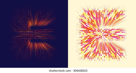 Vector abstract decorative font with effect of colorful dots flying in perspective and disappearing. Letter E in two different styles