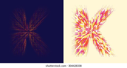 Vector abstract decorative font with effect of colorful dots flying in perspective and disappearing. Letter K in two different styles
