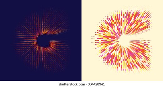 Vector abstract decorative font with effect of colorful dots flying in perspective and disappearing. Letter G in two different styles