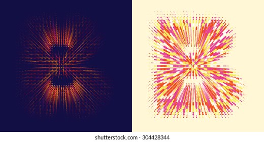 Vector abstract decorative font with effect of colorful dots flying in perspective and disappearing. Letter B in two different styles