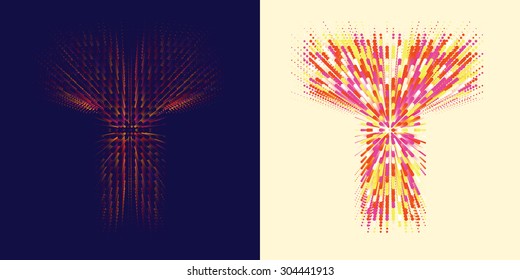 Vector abstract decorative font with effect of colorful dots flying in perspective and disappearing. Letter T in two different styles