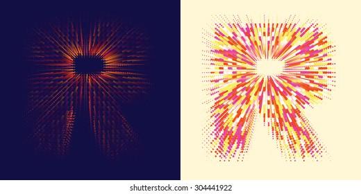 Vector abstract decorative font with effect of colorful dots flying in perspective and disappearing. Letter R in two different styles