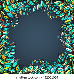 Vector abstract decorative frame with leaves sketch, hand drawn illustration with wild plants and sparkling stars