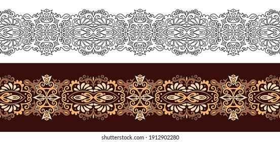 Vector abstract decorative nature ethnic ornamental stripes set. Vintage seamless borders