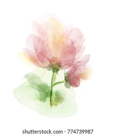 Vector abstract decorative pink flower with green leaves isolated on white background