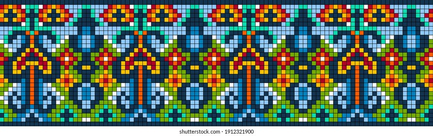 Vector abstract decorative pixel art  illustration. Mosaic background. Embroidery scheme border