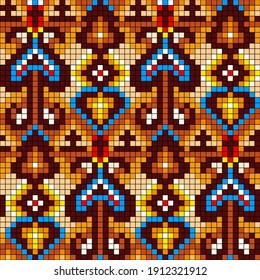 Vector abstract decorative pixel art  illustration. Colorful mosaic background. Embroidery scheme