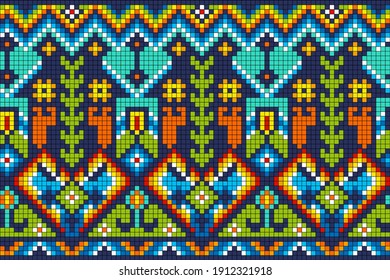 Vector abstract decorative pixel art  illustration. Mosaic background. Embroidery scheme border