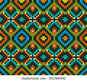 Vector abstract decorative pixel art  illustration. Colorful mosaic background. Embroidery scheme