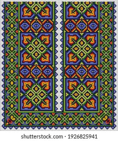 Vector abstract decorative pixel art  illustration. Colorful mosaic background. Embroidery scheme