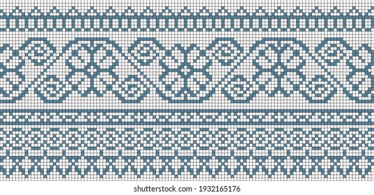 Ilustración de píxeles decorativos abstractos vectoriales. Fondo mosaico. Frontera del esquema de bordado