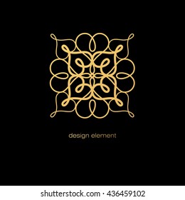 Vector abstract decorative rosette to create different designs. Logos, book covers, business cards, corporate identity creation. Illustration gold tracery element on a black background. Foil stamping.