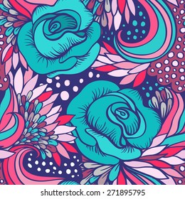 Vector abstract decorative vintage vivid wave and flowers pattern