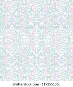 Vector abstract delicate seamless pattern from rainbow colored hand drawn curly zigzag lines on a white background. Ikat print, Islamic textile design, wallpaper, wrapping paper, album cover
