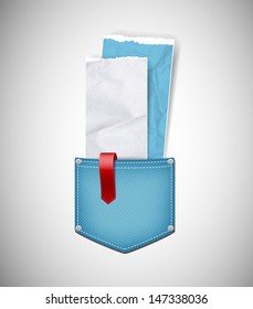 Vector abstract denim pocket with pieces of paper and ribbon tag