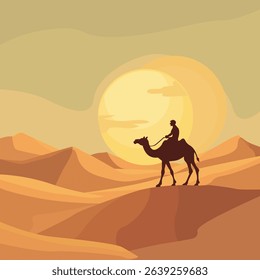 Vector of abstract desert with crescent moon and camel