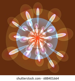 Vector abstract design. Abstraction in a circle. Explosion, stamens, glow of stones, stylized firework