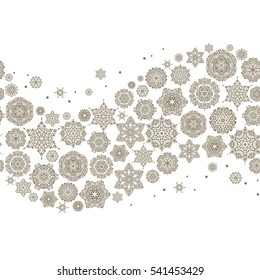 Vector abstract design in beige colors. Seamless pattern of beige snowflakes and dots on white background.