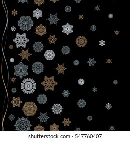 Vector abstract design in beige and gray colors. Seamless pattern of beige and gray snowflakes and dots on black background.