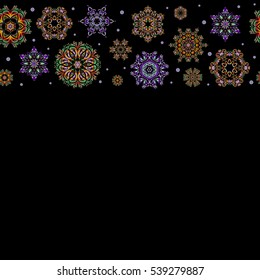 Vector abstract design in brown, green and purple colors. Seamless pattern of brown, green and purple snowflakes and dots on black background.