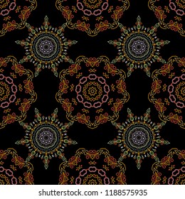 Vector abstract design in brown, yellow and orange colors. Seamless pattern of brown, yellow and orange snowflakes and dots on black background.