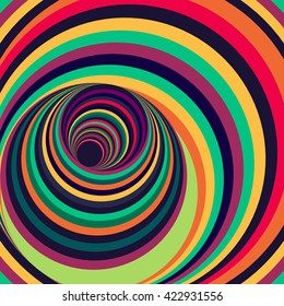 Vector abstract design with colorful twisting stripes forming a vortex illusion, creating dynamic movement and depth in a modern, energetic style.
