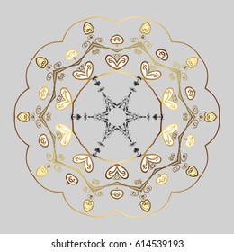 Vector abstract design in colors. Golden elements with doodles. Snowflakes and dots on gray background.