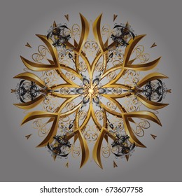 Vector abstract design in colors. Ornamental pattern of golden snowflake and dots on gray background.