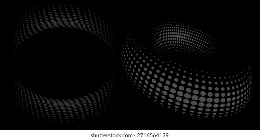 Vector elemento de diseño abstracto círculo espiral sonido onda Vector logo moderno blanco y negro. Textura de puntos de círculo aislados sobre fondo negro. 