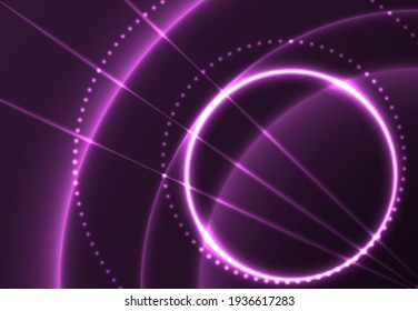 Diseño abstracto vectorial. Círculos brillantes y líneas sobre un fondo morado oscuro.
