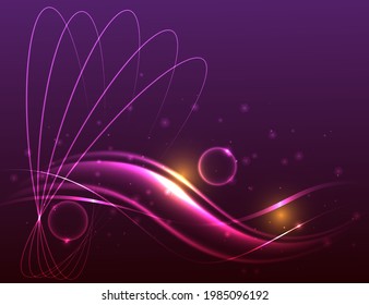 Vector abstract design. Glowing circles and flowing lines on a dark purple background.