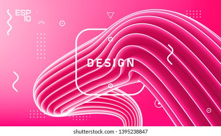 Vector abstract design, gradient geometric wavy minimal background. Trendy liquid 3d plastic pink wave. Art brush paint, abstract fluid design. Template for greeting card, flyer, brochure or banner