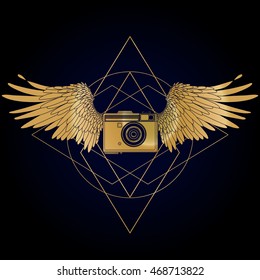 Vector abstract design with graphic wings and photo camera in golden colors