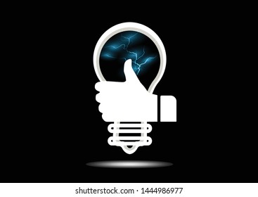 vector abstract design icon concept hand with thumb up flat catch single glowing bulb light, blue lightning bolt Isolated on black background Good idea.