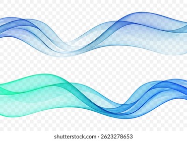 Vector abstract design with layered blue and green translucent waves on transparent background. Smooth, fluid motion for modern graphic layouts.