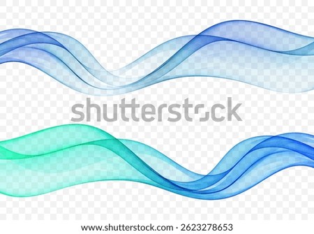 Vector abstract design with layered blue and green translucent waves on transparent background. Smooth, fluid motion for modern graphic layouts.
