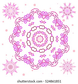 Vector abstract design in magenta colors. Set of magenta snowflakes and dots on a white background.