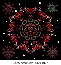 Vector abstract design in pink and red colors. Set of pink and red snowflakes and dots on a black background.