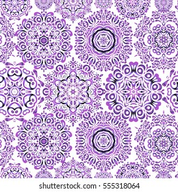 Vector abstract design in purple, neutral and violet colors. Seamless pattern of purple, neutral and violet snowflakes and dots on white background.