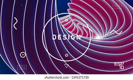 Vector abstract design in retro style, gradient wavy minimal background. Trendy liquid 3d plastic pink wave. Violet spiral swirl, abstract fluid design. Template for greeting card, flyer or banner