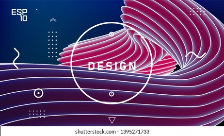 Vector abstract design in retro style, gradient wavy minimal background. Trendy liquid 3d plastic pink wave. Violet spiral swirl, abstract fluid design. Template for greeting card, flyer or banner