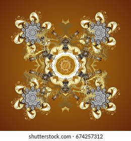 Vector abstract design. Seamless pattern of stylized snowflakes and dots on brown background.