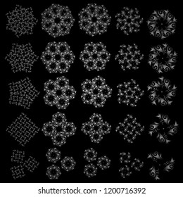 Vector abstract design in silver colors. Set of twenty five silver snowflakes and dots on a black background.