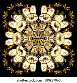 Vector abstract design. Stylized gold snowflakes and dots on black background.