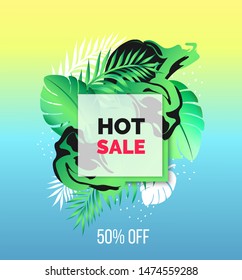 Vector abstract design summer colorful hot banner with tropical leaves 3d frame 